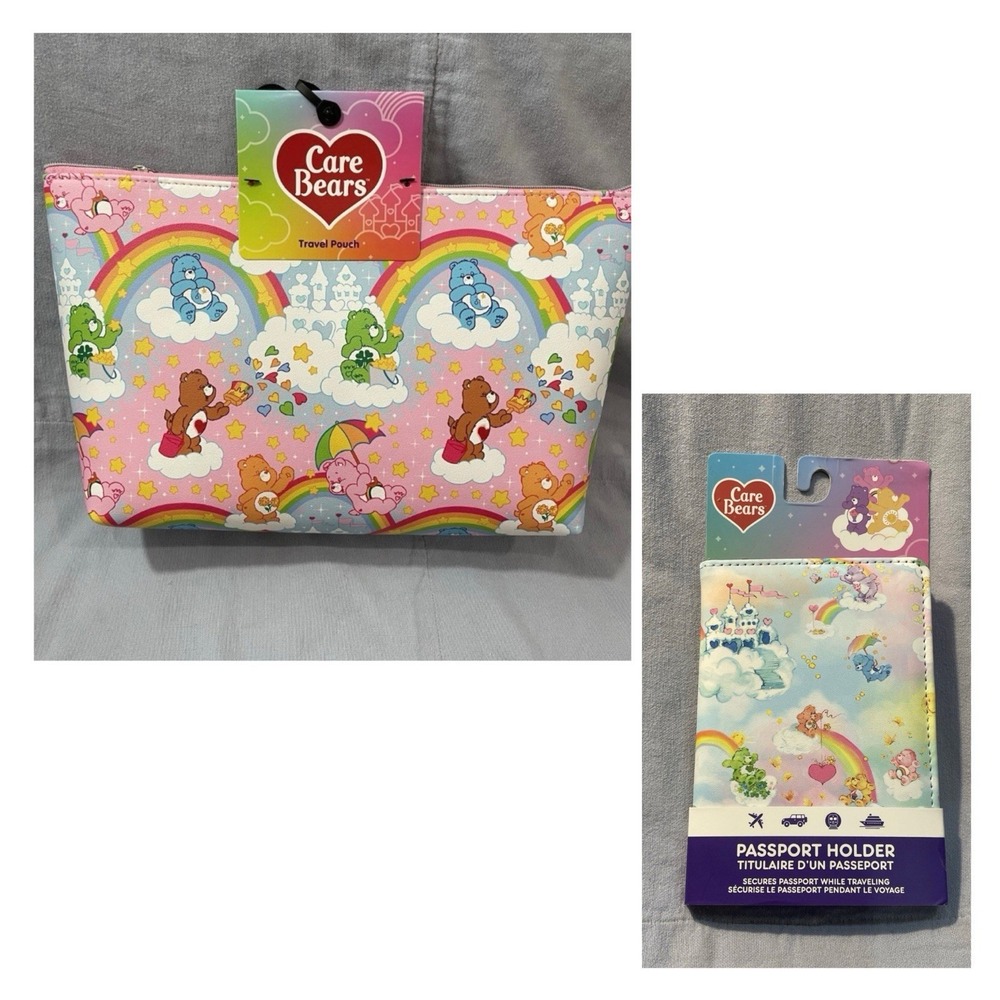 NEW Care Bears Pink Travel Pouch & Passport Holder Rainbow Heart Star Bear READ